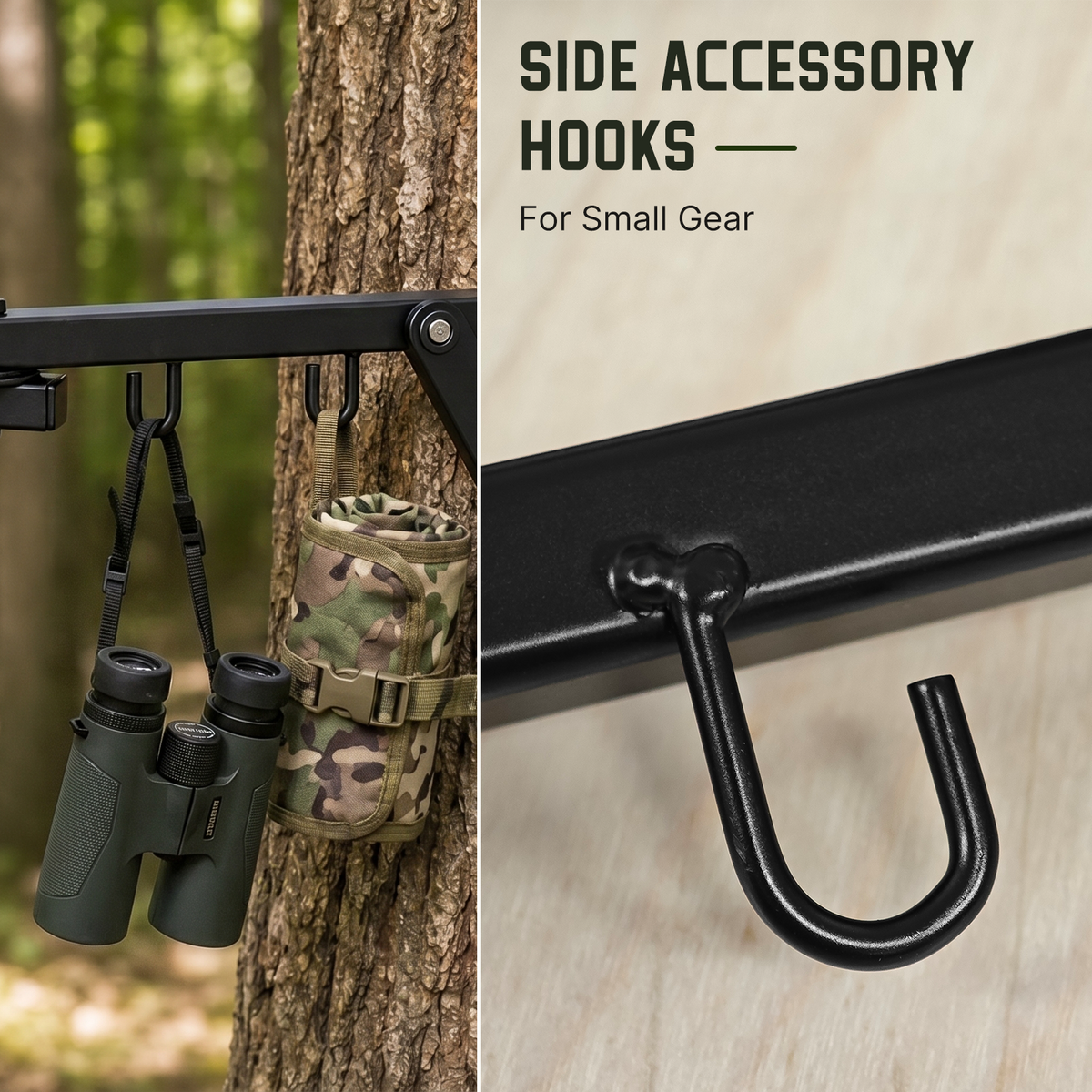 Side accessory hooks on the screw-in tree bow hanger