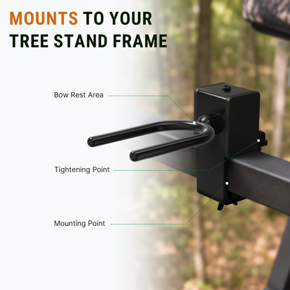 Bow holder clamped to a compatible tree stand frame