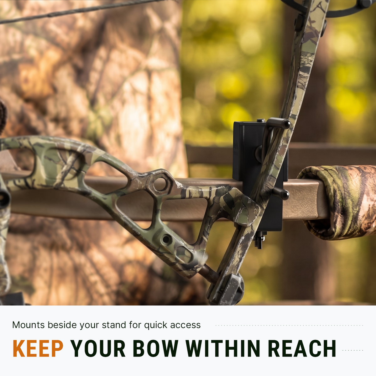 Bow resting beside a tree stand on the clamp-on holder