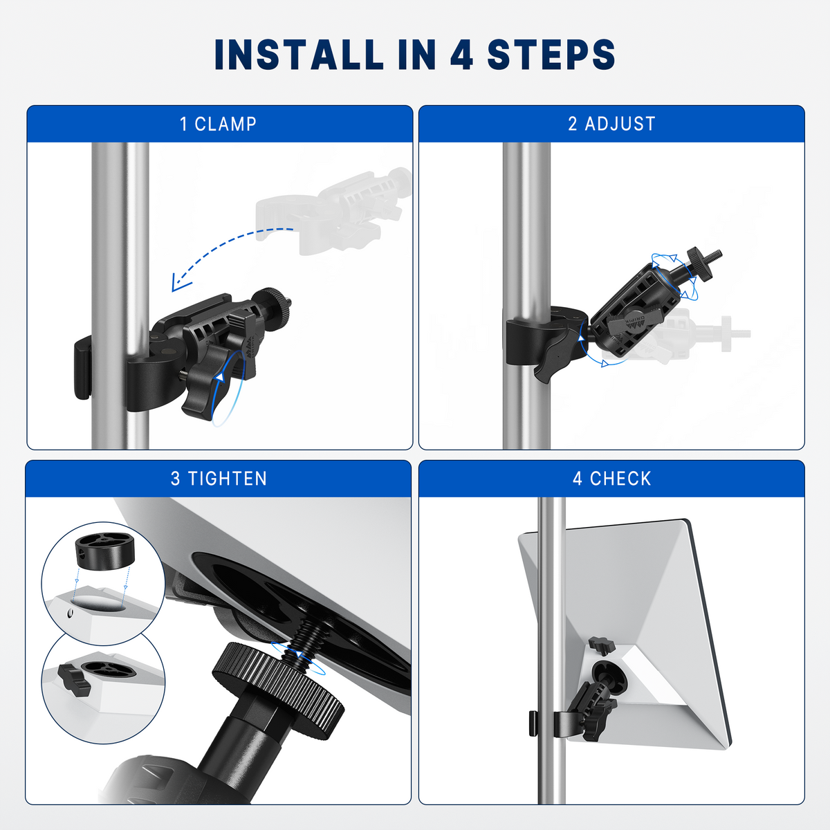 Four illustrated steps to install the Starlink Mini clamp mount