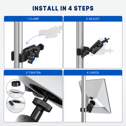 Four illustrated steps to install the Starlink Mini clamp mount