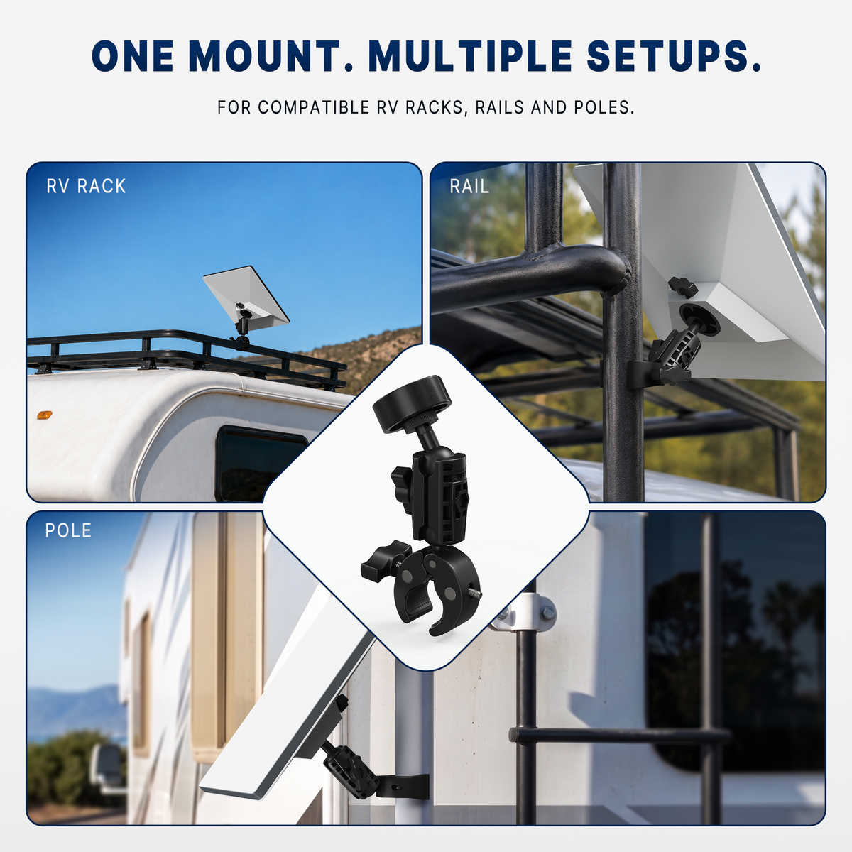 ORIPIK Starlink Mini mount shown on racks, rails and poles