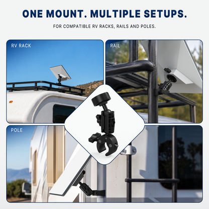 ORIPIK Starlink Mini mount shown on racks, rails and poles