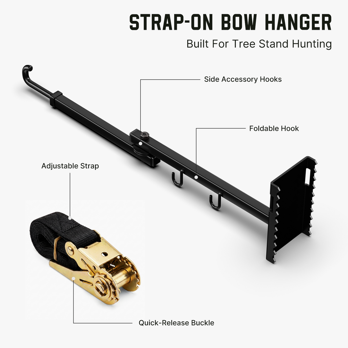 Folding bow holder with main hook, side hooks and adjustable strap