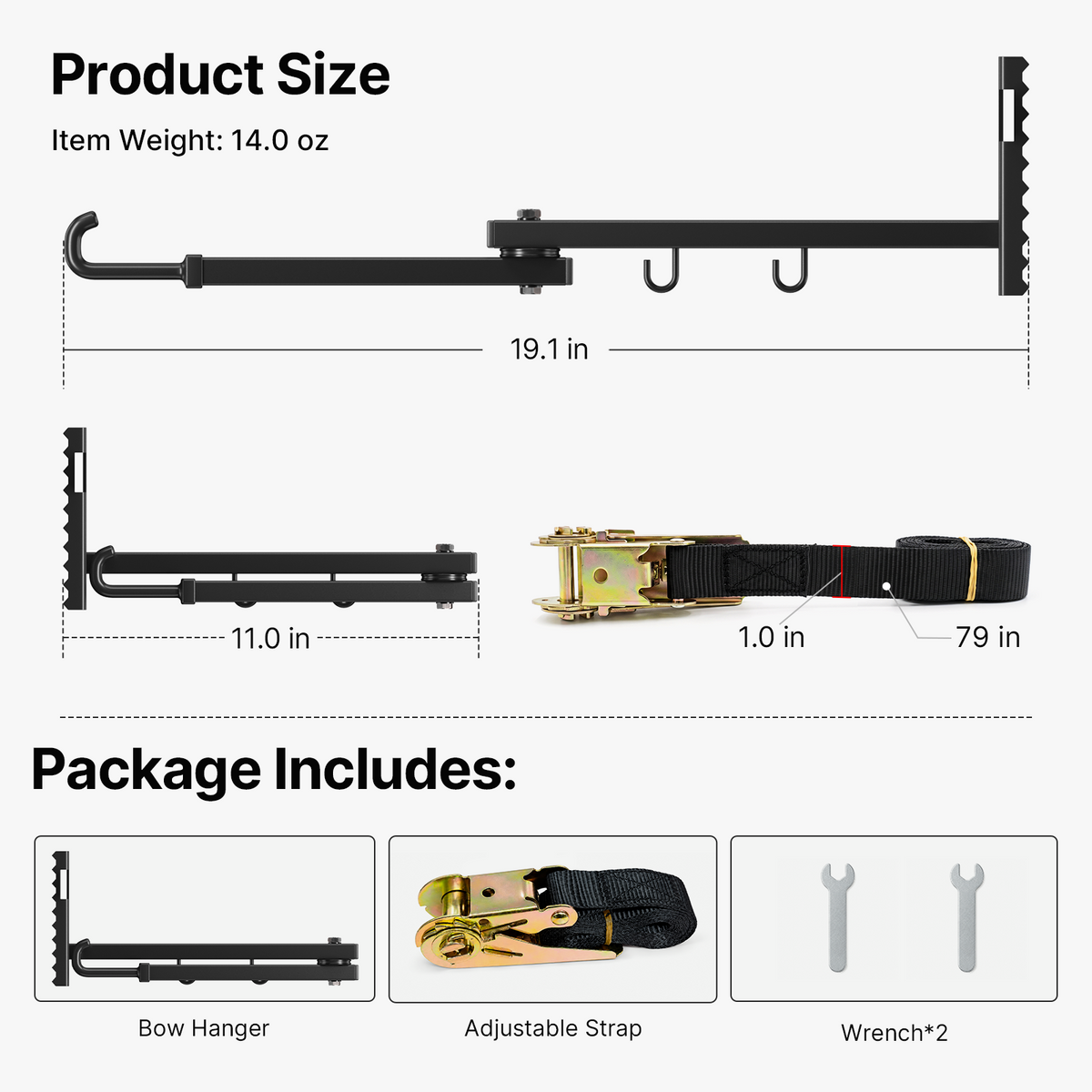 Bow holder dimensions and included strap and tools