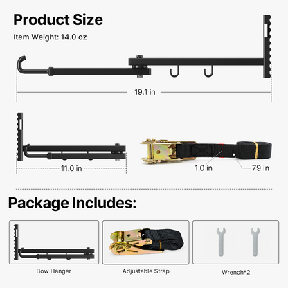 Bow holder dimensions and included strap and tools
