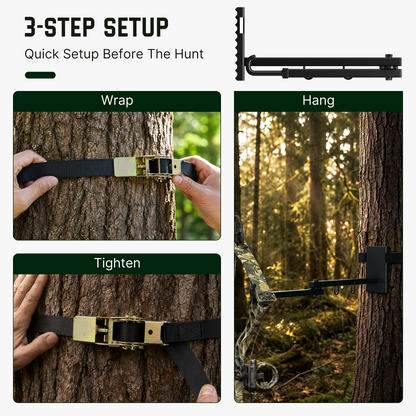 Three illustrated steps for attaching the strap-on bow holder
