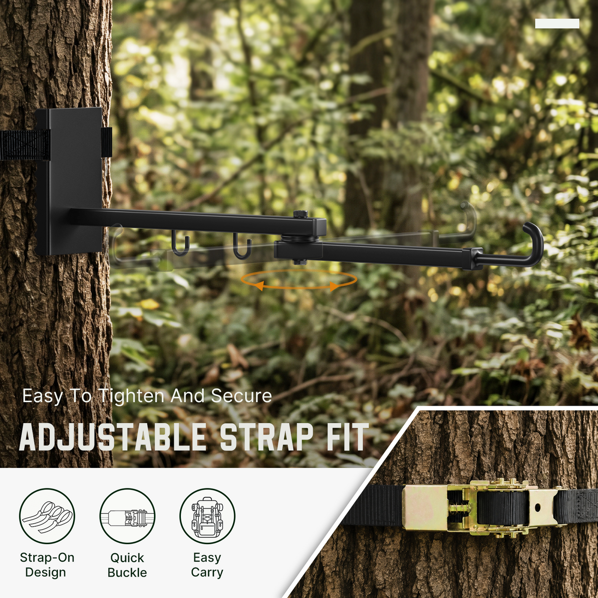 Bow hanging beside a tree stand on the strap-on holder