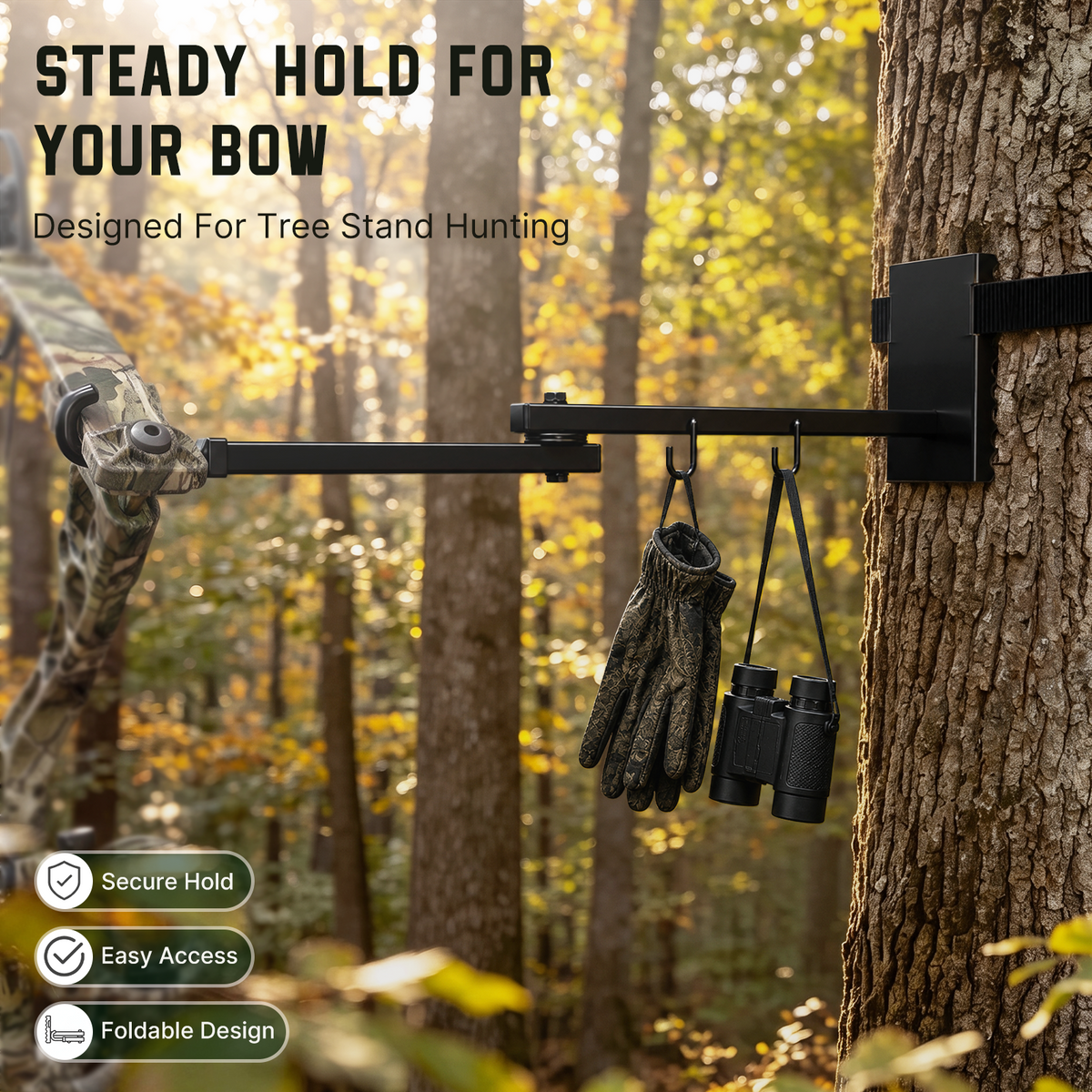 Strap-on tree stand bow holder with side accessory hooks