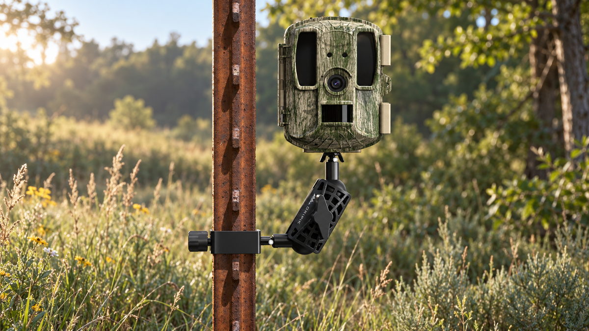 ORIPIK T-post camera mount supporting a trail camera in an AI-generated woodland scene