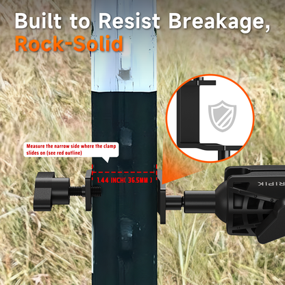 ORIPIK T-post camera mount clamp position and 1.44-inch width measurement