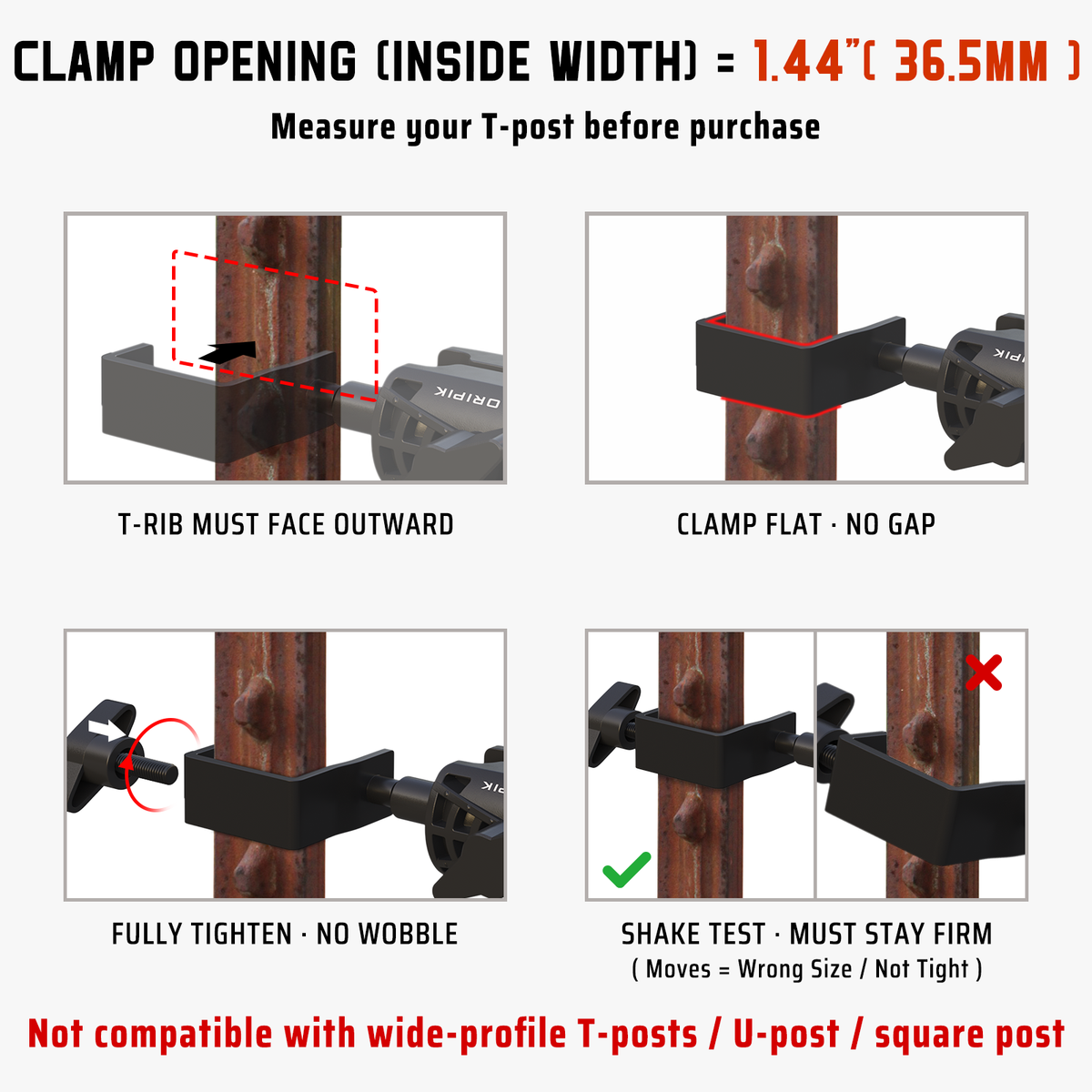 ORIPIK T-post mount installation steps and clamp fit guidance